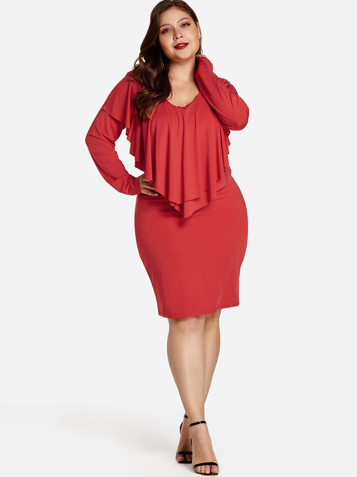OEM ODM Round Neck Plain Tiered Ruffle Trim Long Sleeve Plus Size Dress