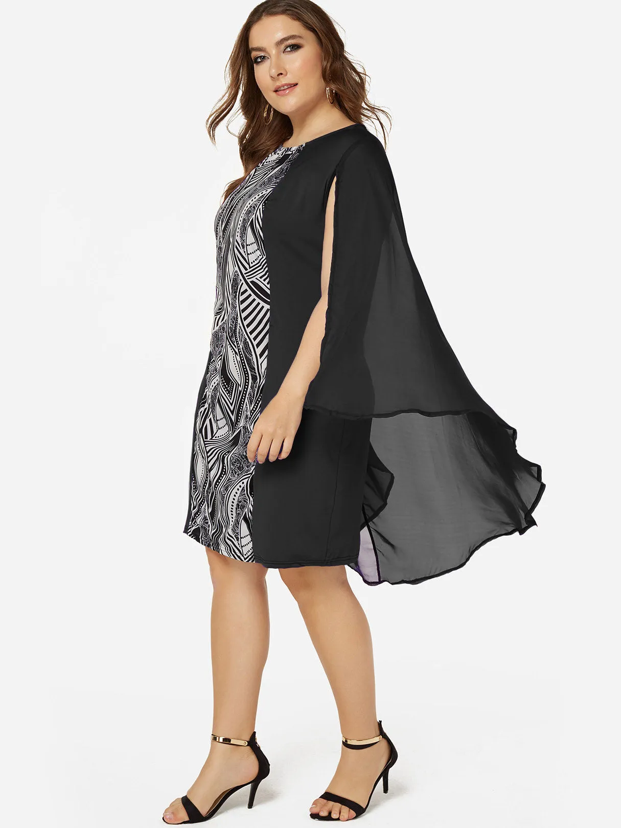 OEM ODM Round Neck Scarf Print Black Plus Size Dress