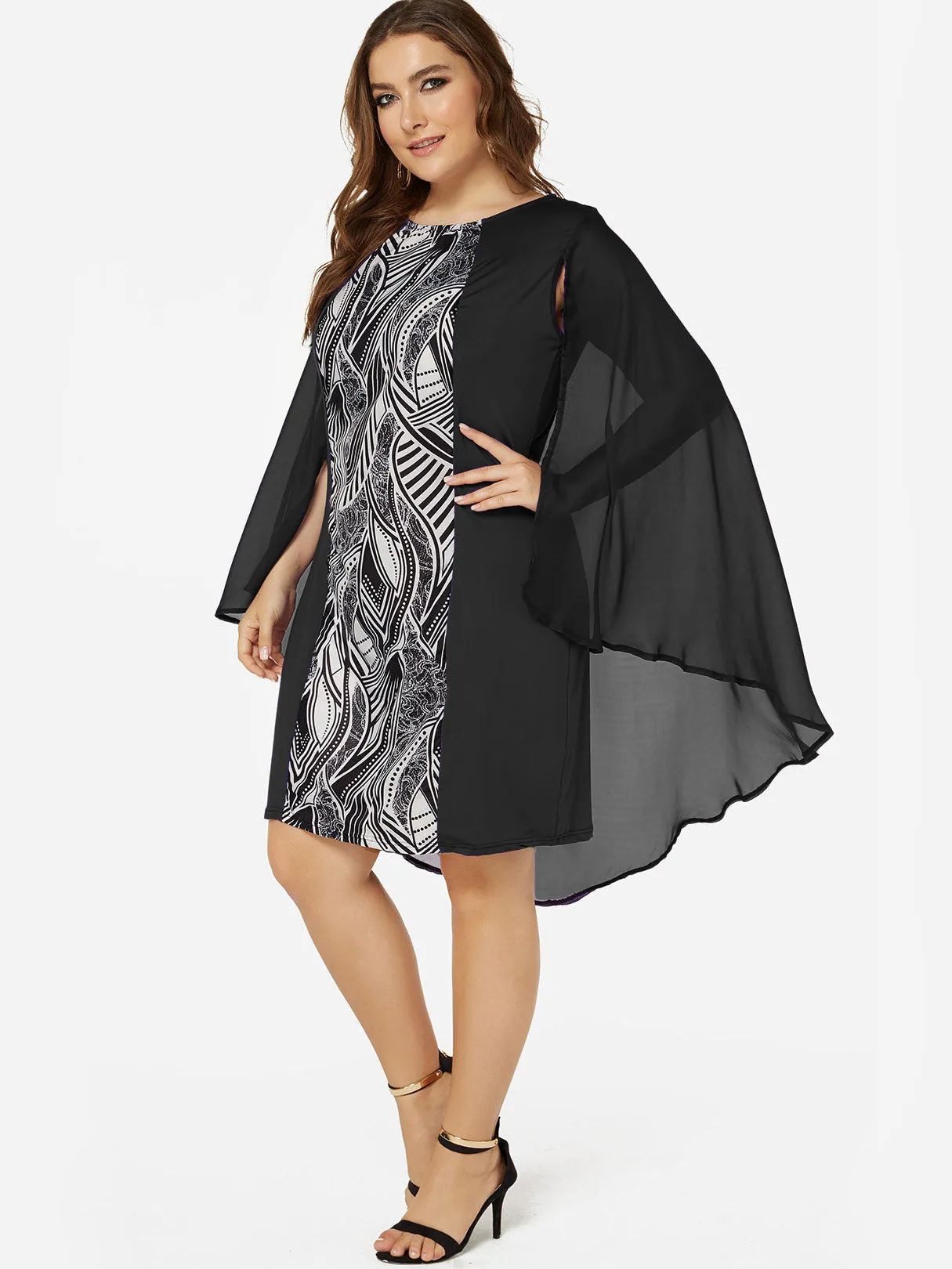 OEM ODM Round Neck Scarf Print Black Plus Size Dress
