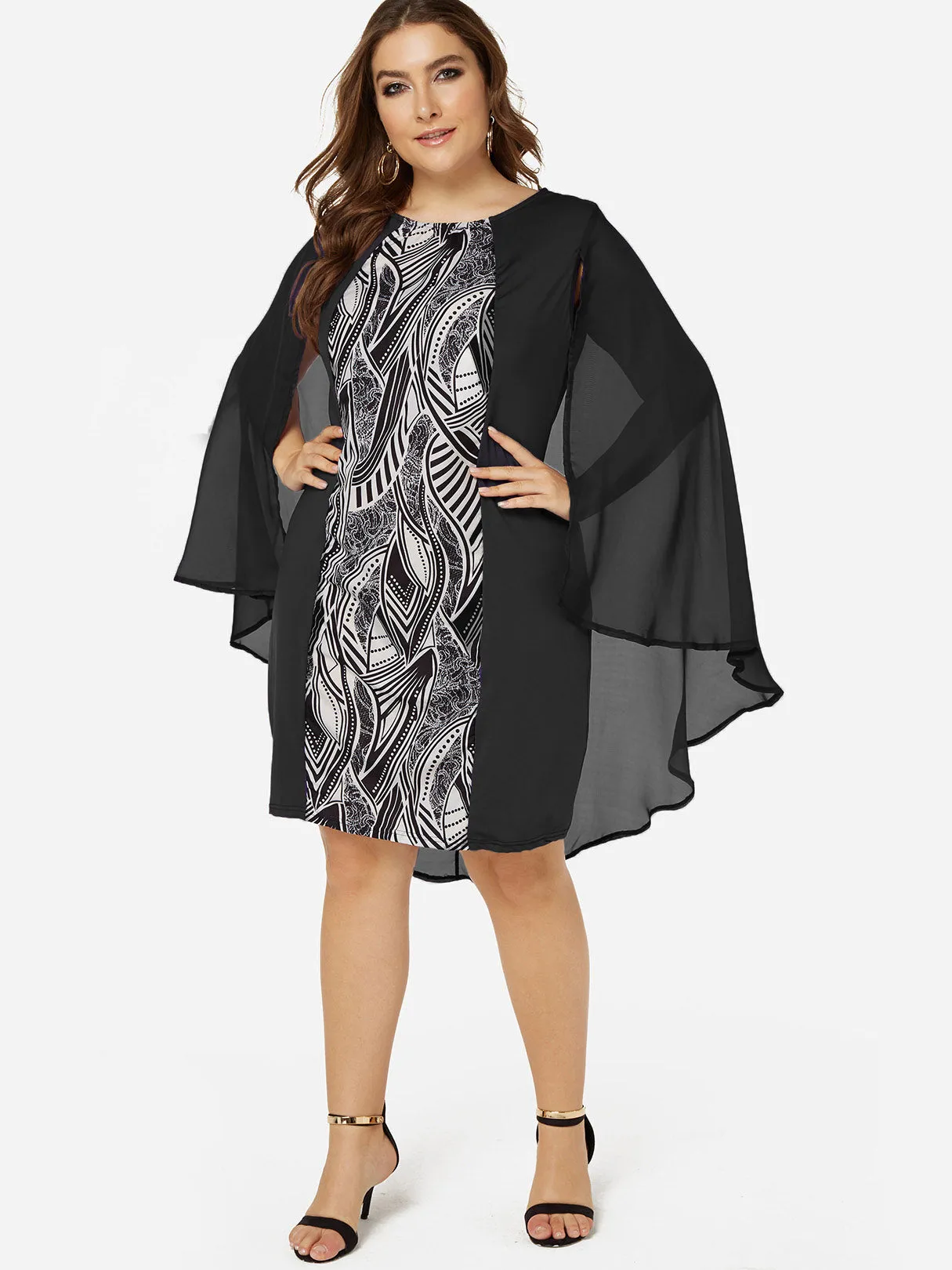 OEM ODM Round Neck Scarf Print Black Plus Size Dress