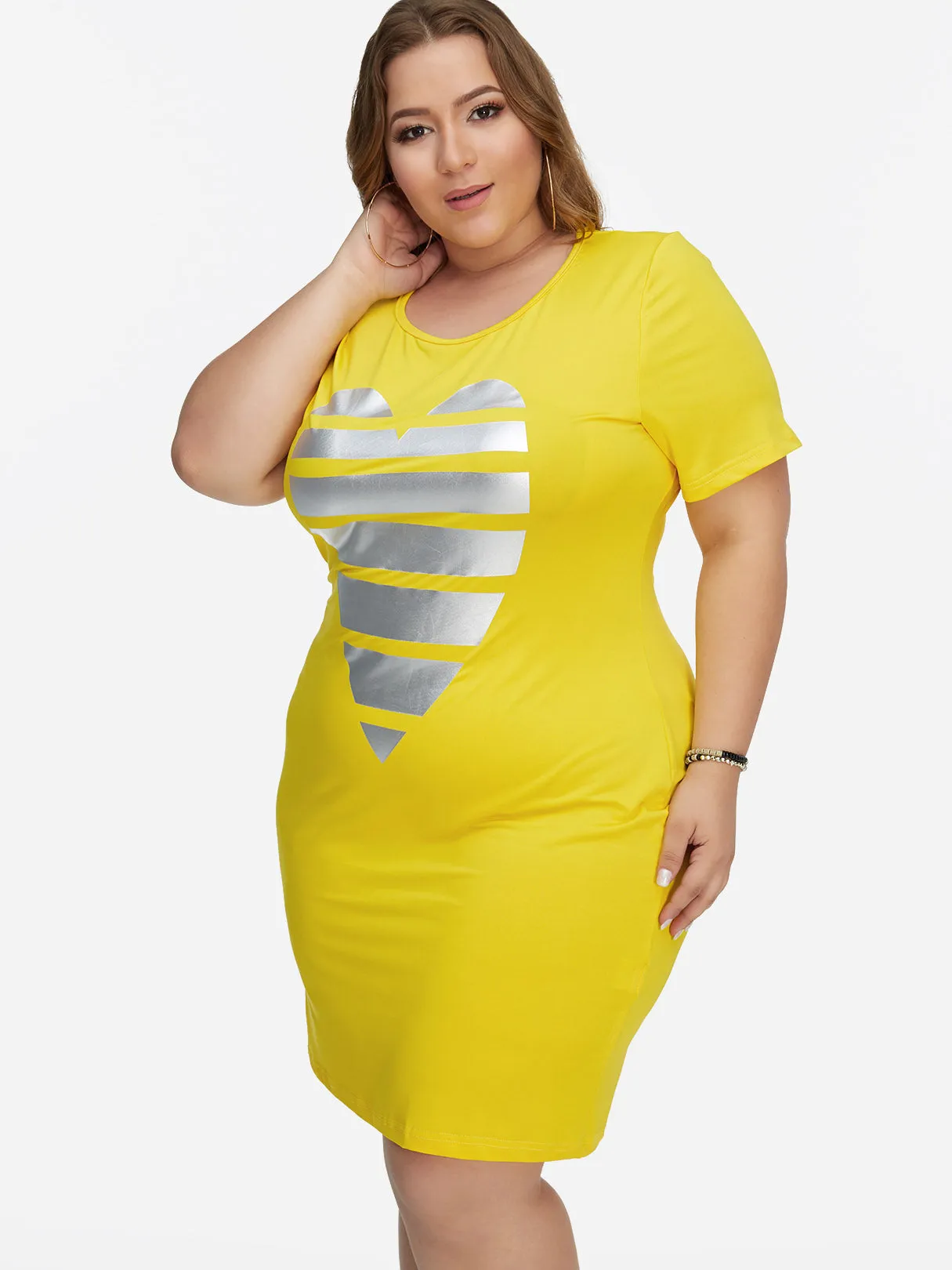 OEM ODM Round Neck Short Sleeve Yellow Plus Size Midi Dress