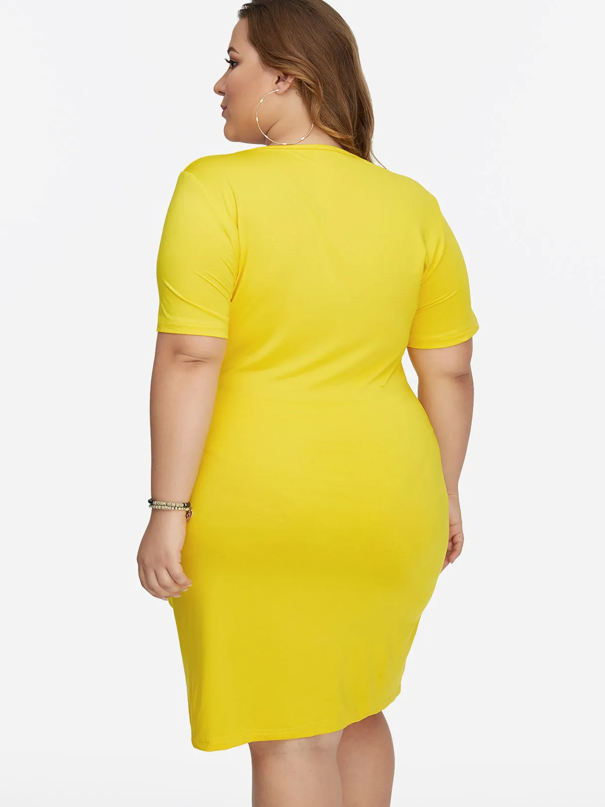 OEM ODM Round Neck Short Sleeve Yellow Plus Size Midi Dress