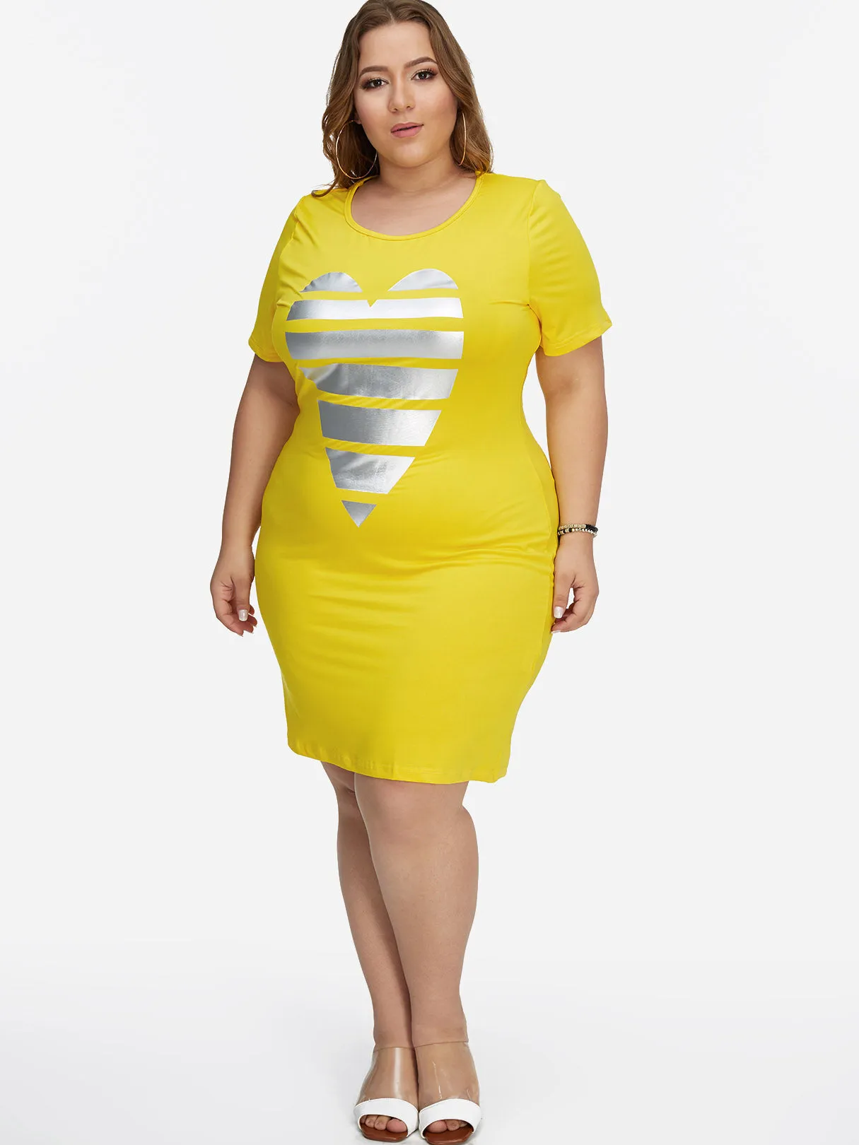 OEM ODM Round Neck Short Sleeve Yellow Plus Size Midi Dress