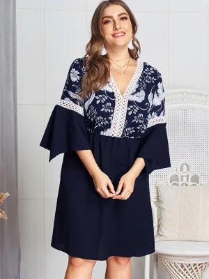 OEM ODM V-Neck Floral Print Crochet Lace Embellished Backless Hollow Navy Plus Size Dress
