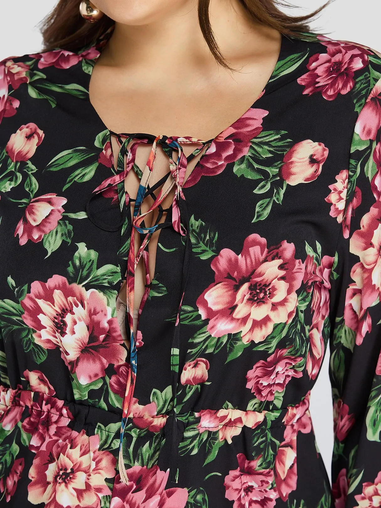 OEM ODM V-Neck Floral Print Lace-Up Long Sleeve Plus Size Bottoms