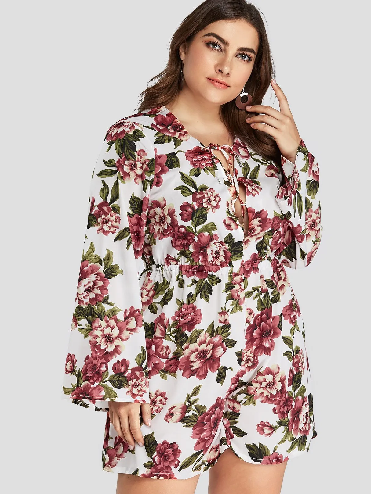 OEM ODM V-Neck Floral Print Lace-Up Long Sleeve Plus Size Bottoms