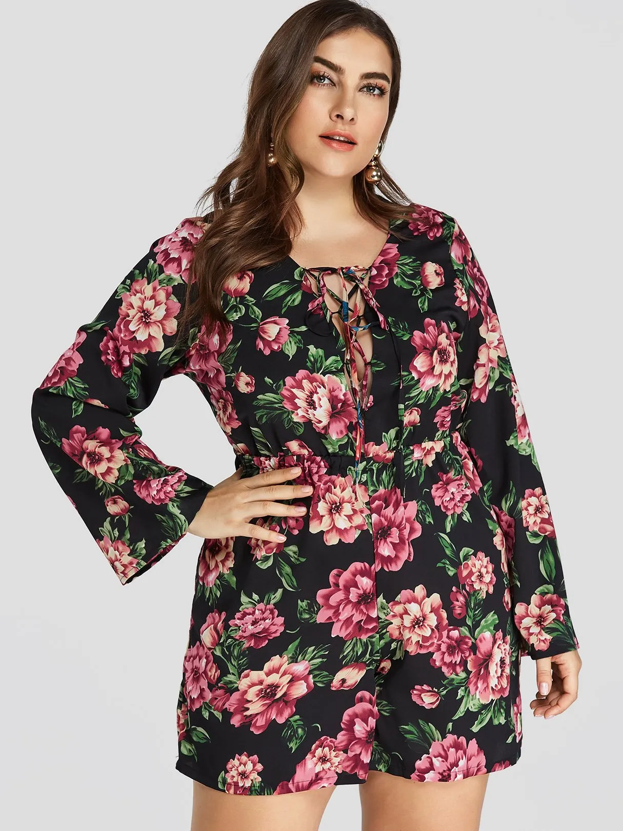 OEM ODM V-Neck Floral Print Lace-Up Long Sleeve Plus Size Bottoms