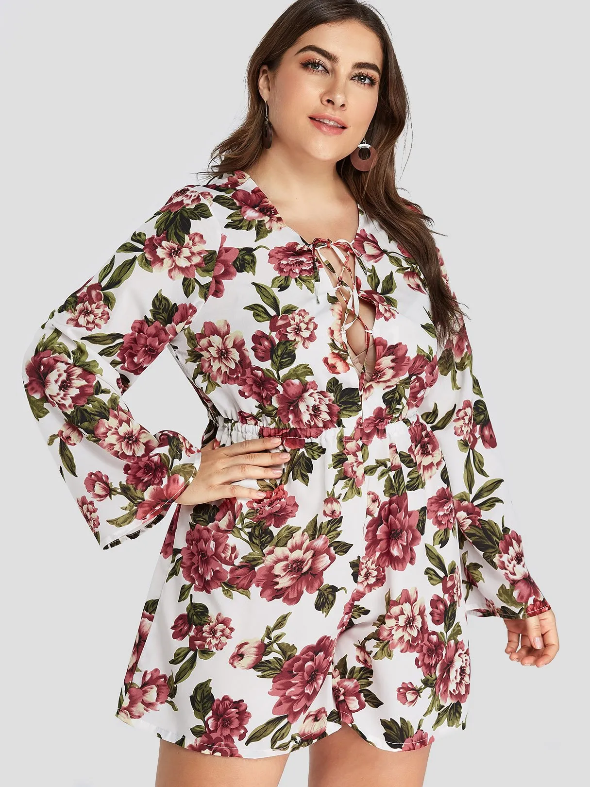 OEM ODM V-Neck Floral Print Lace-Up Long Sleeve Plus Size Bottoms