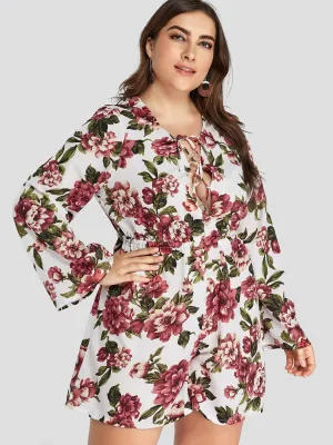OEM ODM V-Neck Floral Print Lace-Up Long Sleeve Plus Size Bottoms