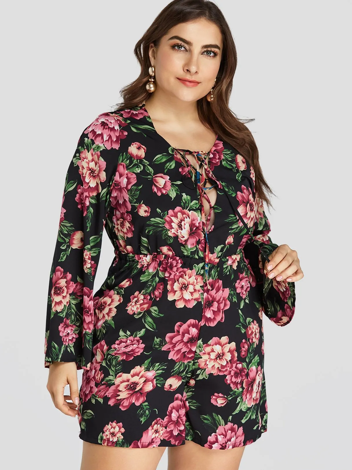 OEM ODM V-Neck Floral Print Lace-Up Long Sleeve Plus Size Bottoms