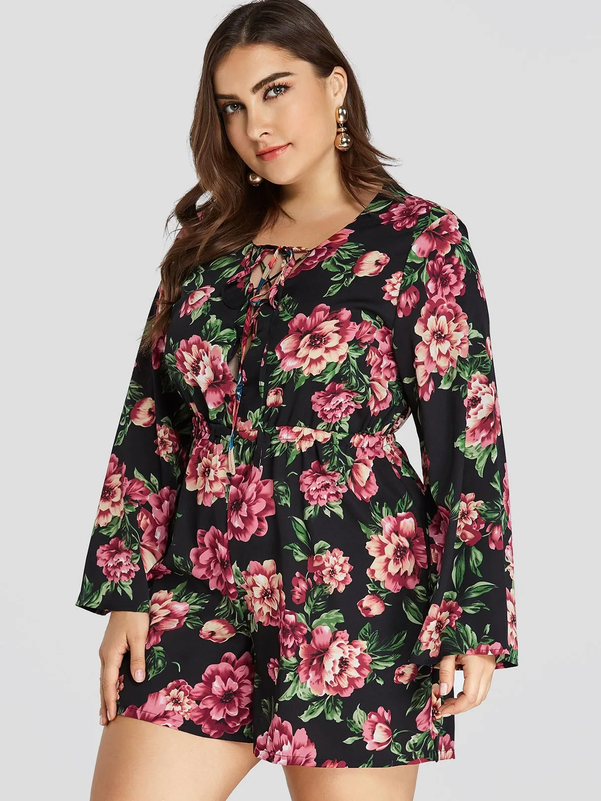 OEM ODM V-Neck Floral Print Lace-Up Long Sleeve Plus Size Bottoms
