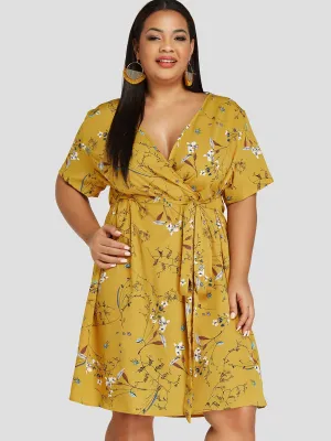 OEM ODM V-Neck Floral Print Self-Tie Half Sleeve Yellow Plus Size Dress