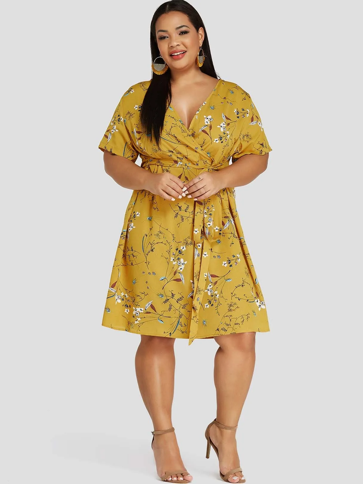 OEM ODM V-Neck Floral Print Self-Tie Half Sleeve Yellow Plus Size Dress