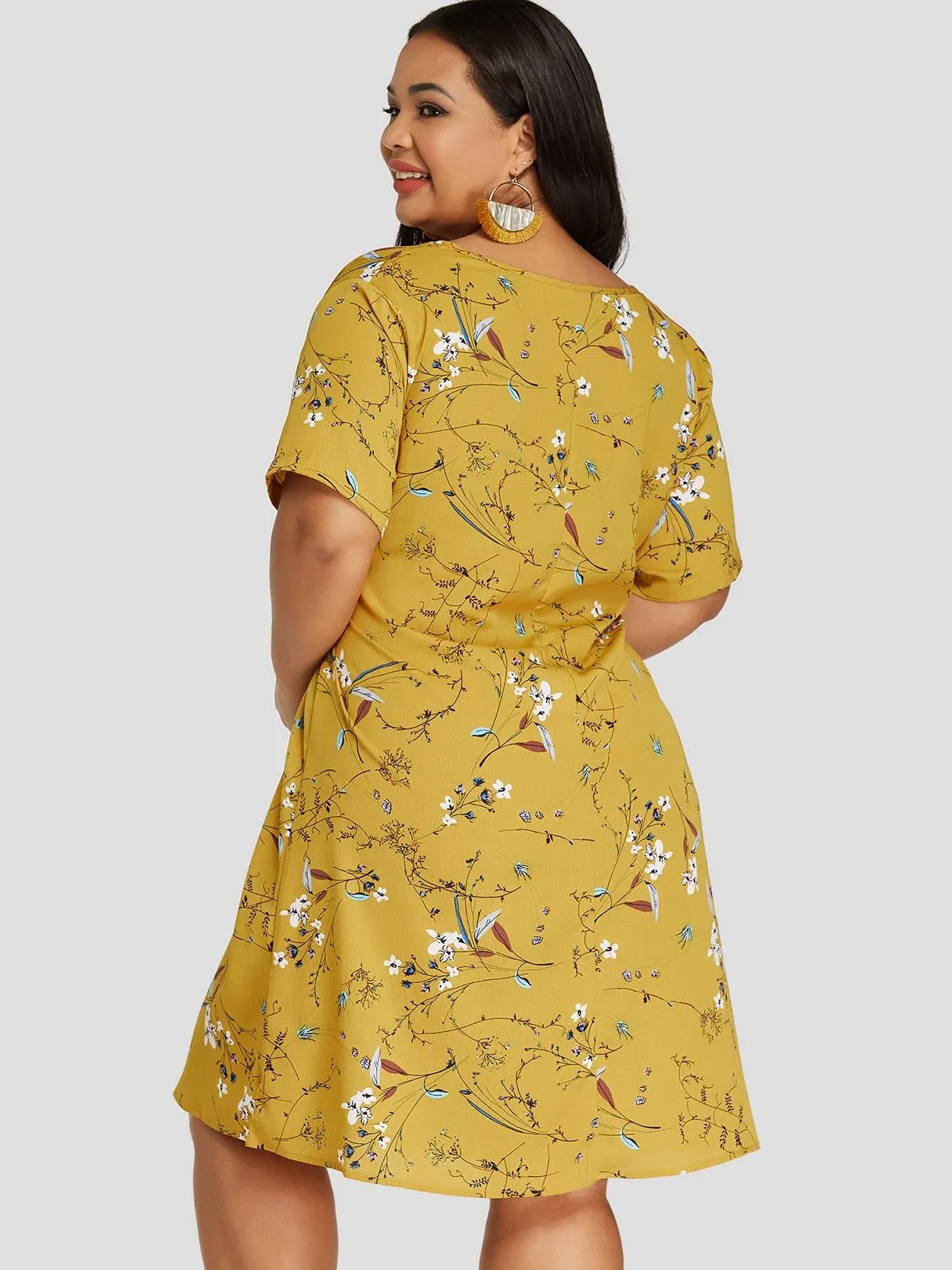 OEM ODM V-Neck Floral Print Self-Tie Half Sleeve Yellow Plus Size Dress