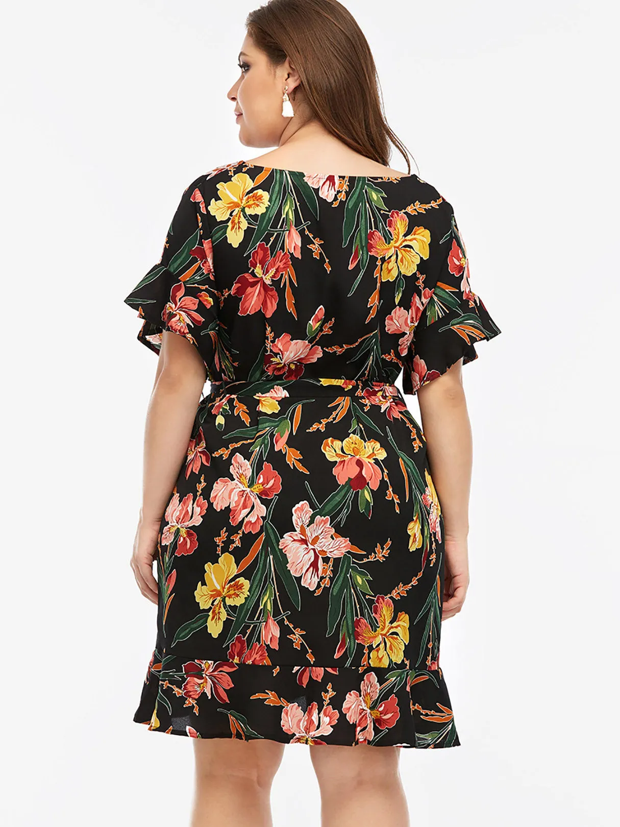 OEM ODM V-Neck Floral Print Self-Tie Short Sleeve Flounced Hem Black Plus Size Dresses