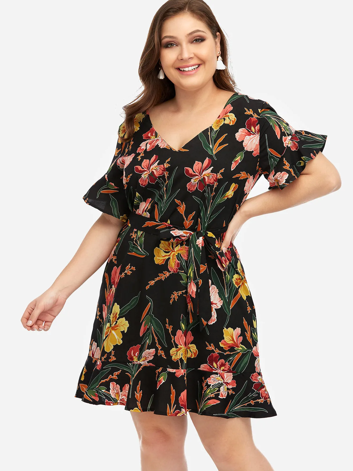 OEM ODM V-Neck Floral Print Self-Tie Short Sleeve Flounced Hem Black Plus Size Dresses