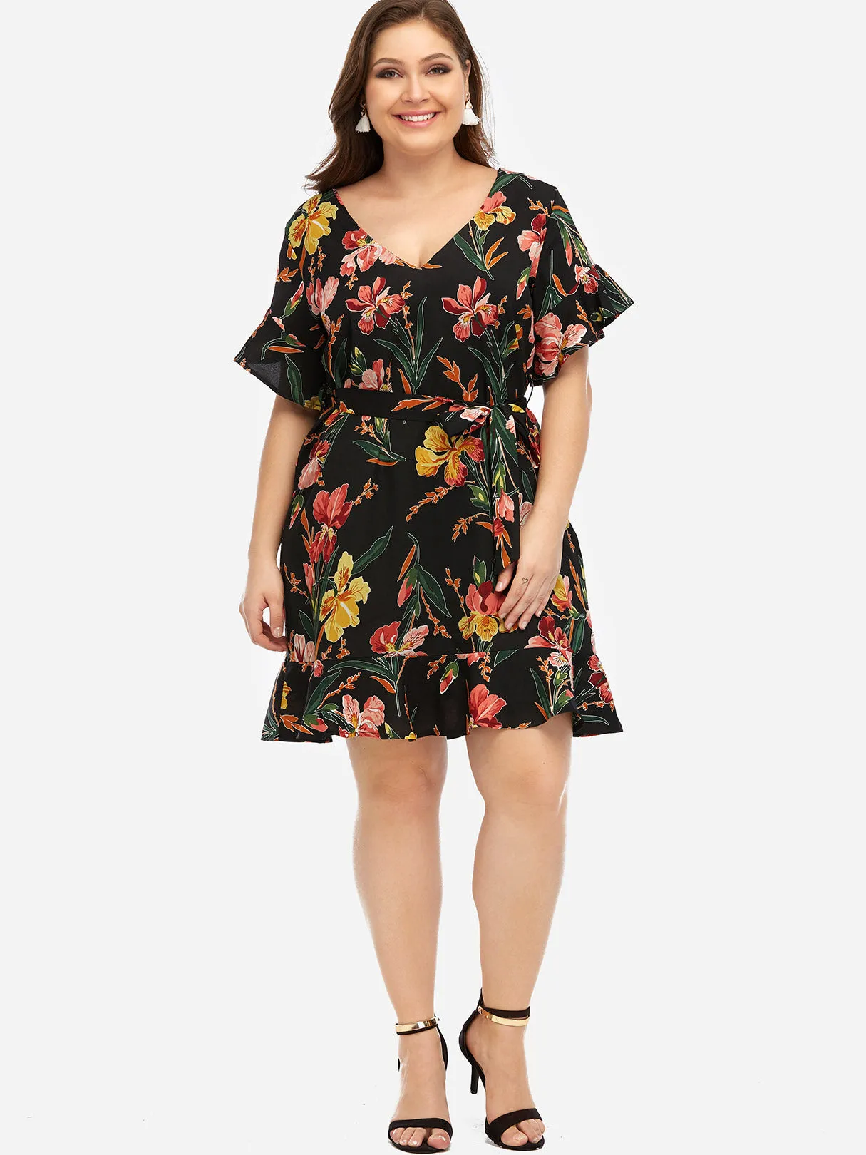OEM ODM V-Neck Floral Print Self-Tie Short Sleeve Flounced Hem Black Plus Size Dresses