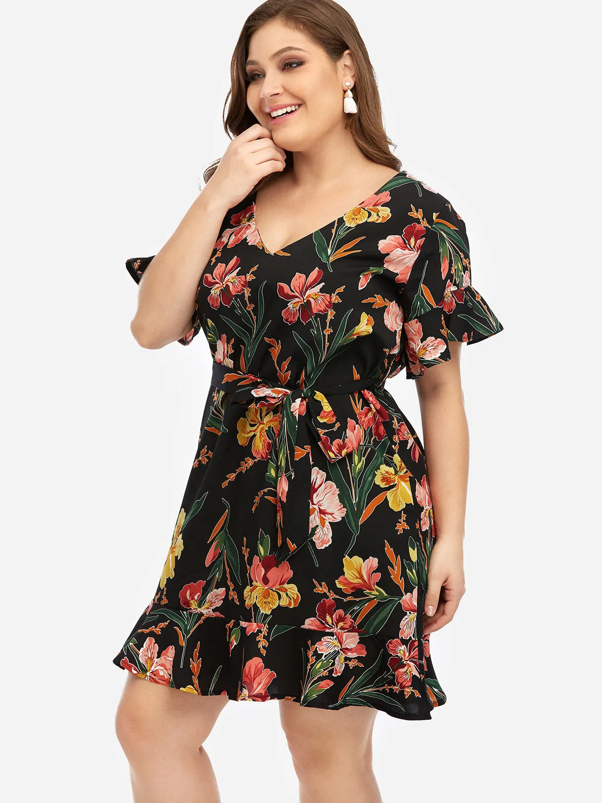 OEM ODM V-Neck Floral Print Self-Tie Short Sleeve Flounced Hem Black Plus Size Dresses