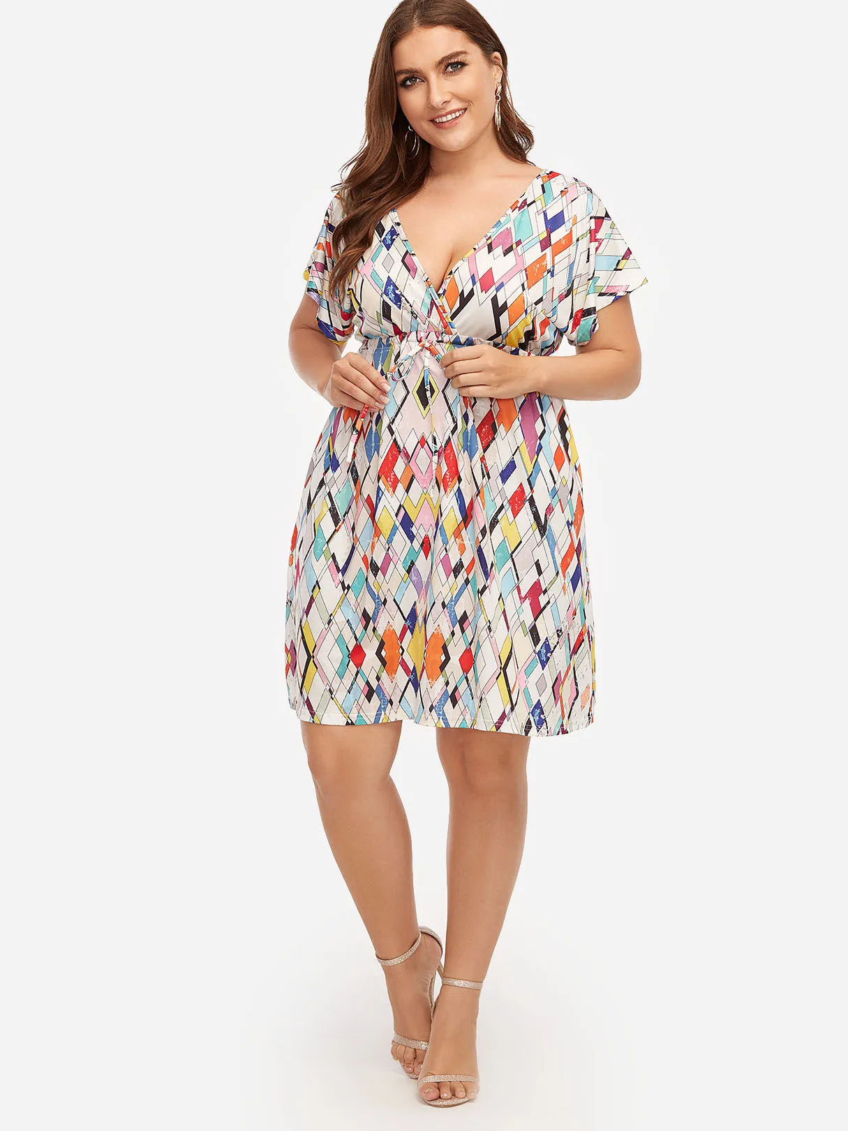 OEM ODM V-Neck Geometrical Short Sleeve Flounced Hem Plus Size Dresses