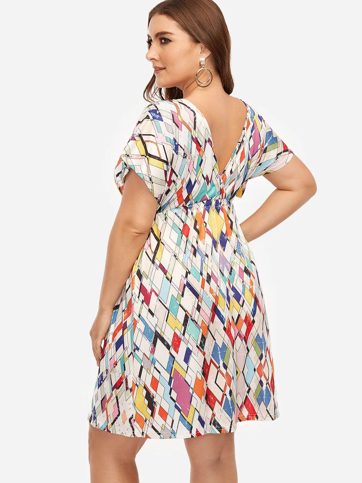 OEM ODM V-Neck Geometrical Short Sleeve Flounced Hem Plus Size Dresses