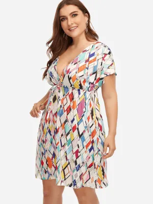 OEM ODM V-Neck Geometrical Short Sleeve Flounced Hem Plus Size Dresses