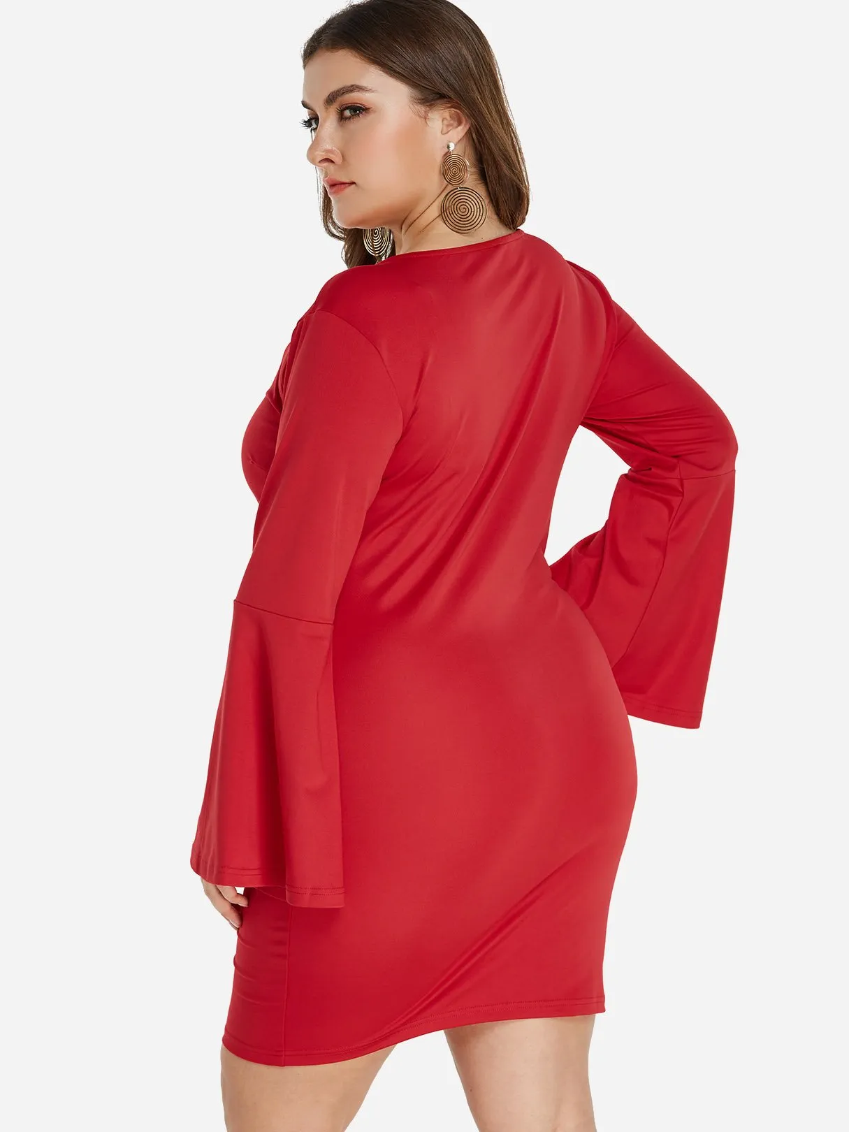 OEM ODM V-Neck Plain Criss-Cross Long Sleeve Red Plus Size Dress