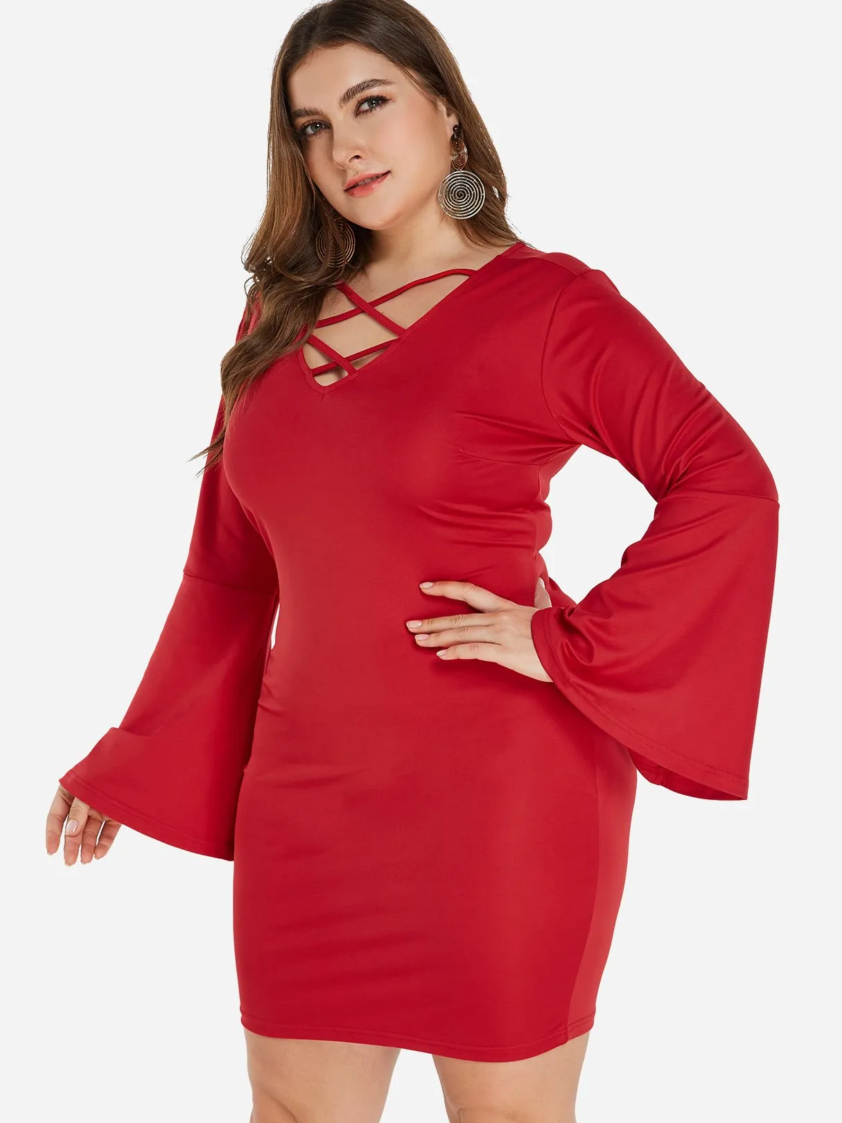 OEM ODM V-Neck Plain Criss-Cross Long Sleeve Red Plus Size Dress