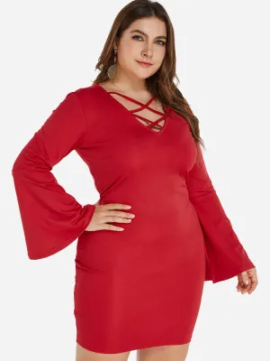 OEM ODM V-Neck Plain Criss-Cross Long Sleeve Red Plus Size Dress
