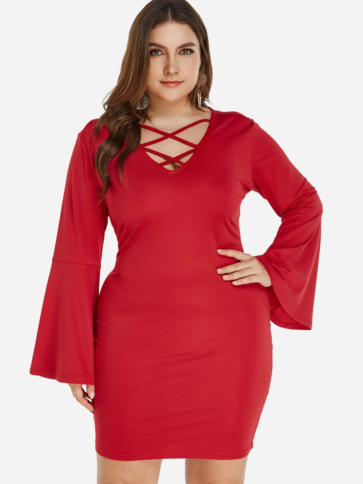 OEM ODM V-Neck Plain Criss-Cross Long Sleeve Red Plus Size Dress
