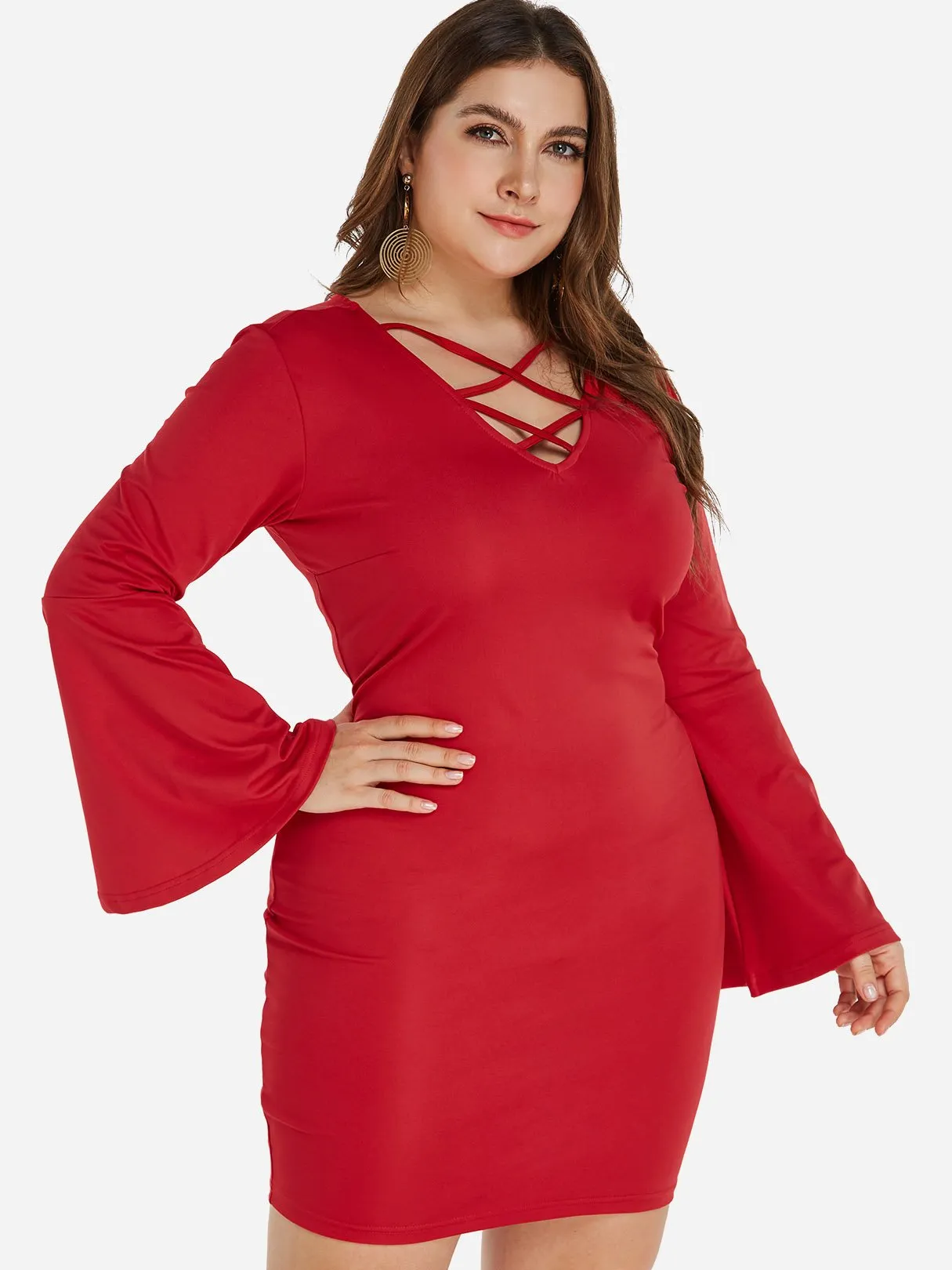 OEM ODM V-Neck Plain Criss-Cross Long Sleeve Red Plus Size Dress