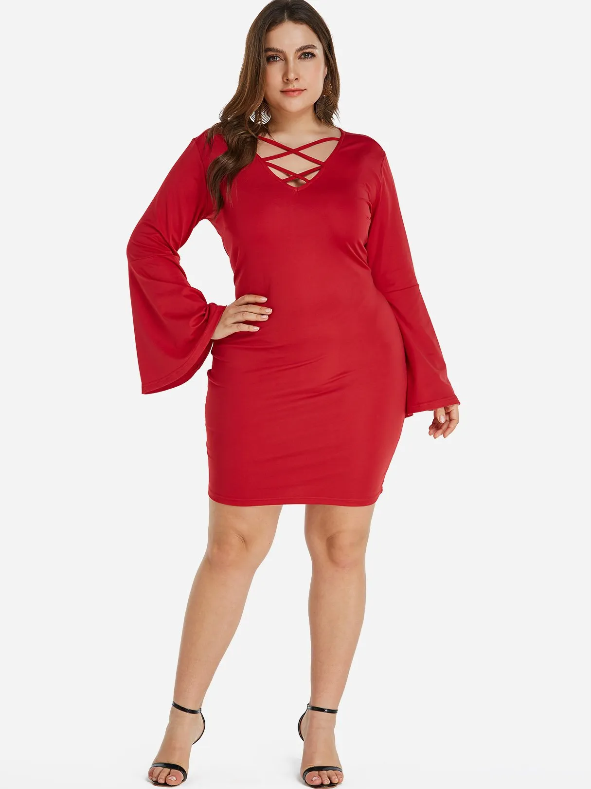 OEM ODM V-Neck Plain Criss-Cross Long Sleeve Red Plus Size Dress