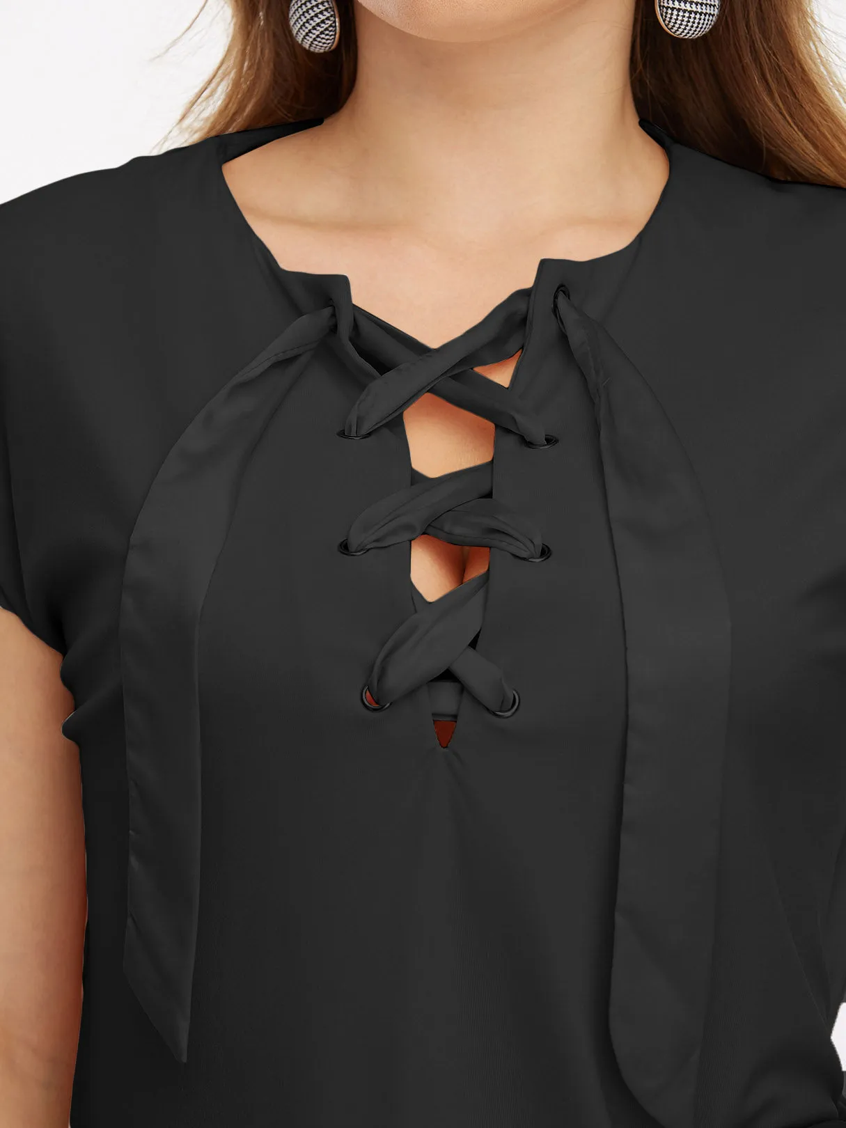 OEM ODM V-Neck Plain Lace-Up Short Sleeve Curved Hem Black Plus Size Dresses