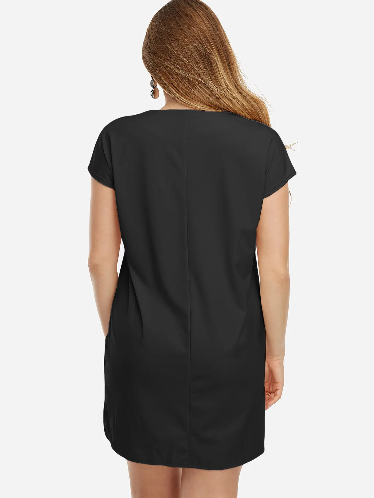 OEM ODM V-Neck Plain Lace-Up Short Sleeve Curved Hem Black Plus Size Dresses