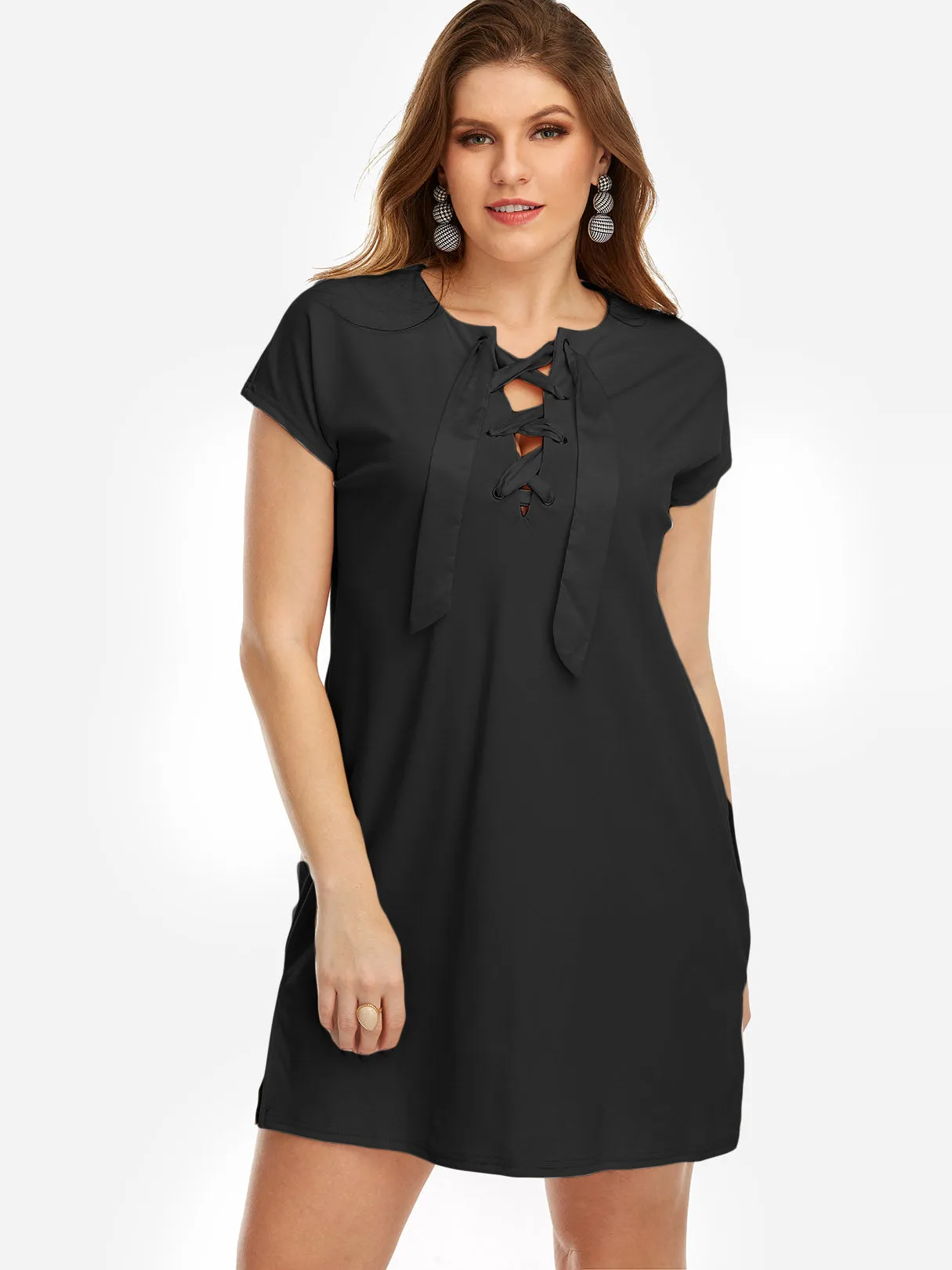 OEM ODM V-Neck Plain Lace-Up Short Sleeve Curved Hem Black Plus Size Dresses