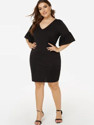 OEM ODM V-Neck Plain Pleated Short Sleeve Black Plus Size Mini Dresses