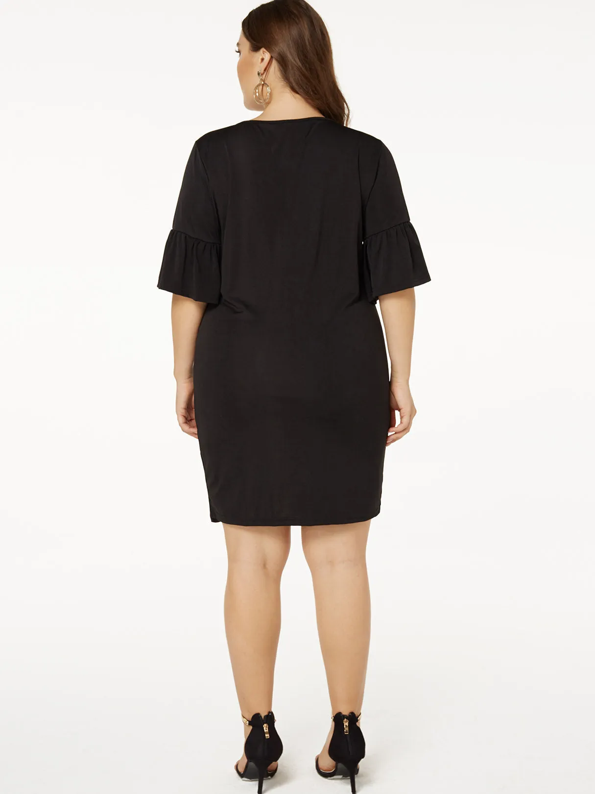 OEM ODM V-Neck Plain Pleated Short Sleeve Black Plus Size Mini Dresses