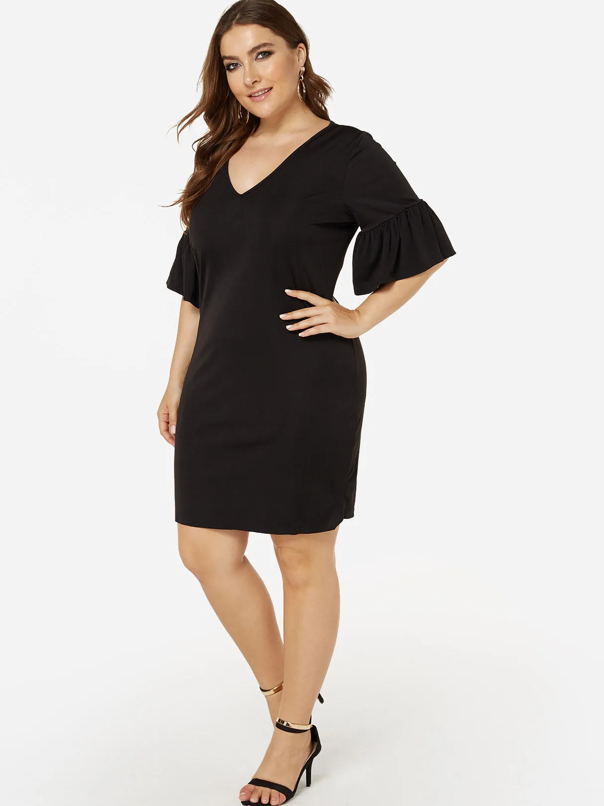 OEM ODM V-Neck Plain Pleated Short Sleeve Black Plus Size Mini Dresses