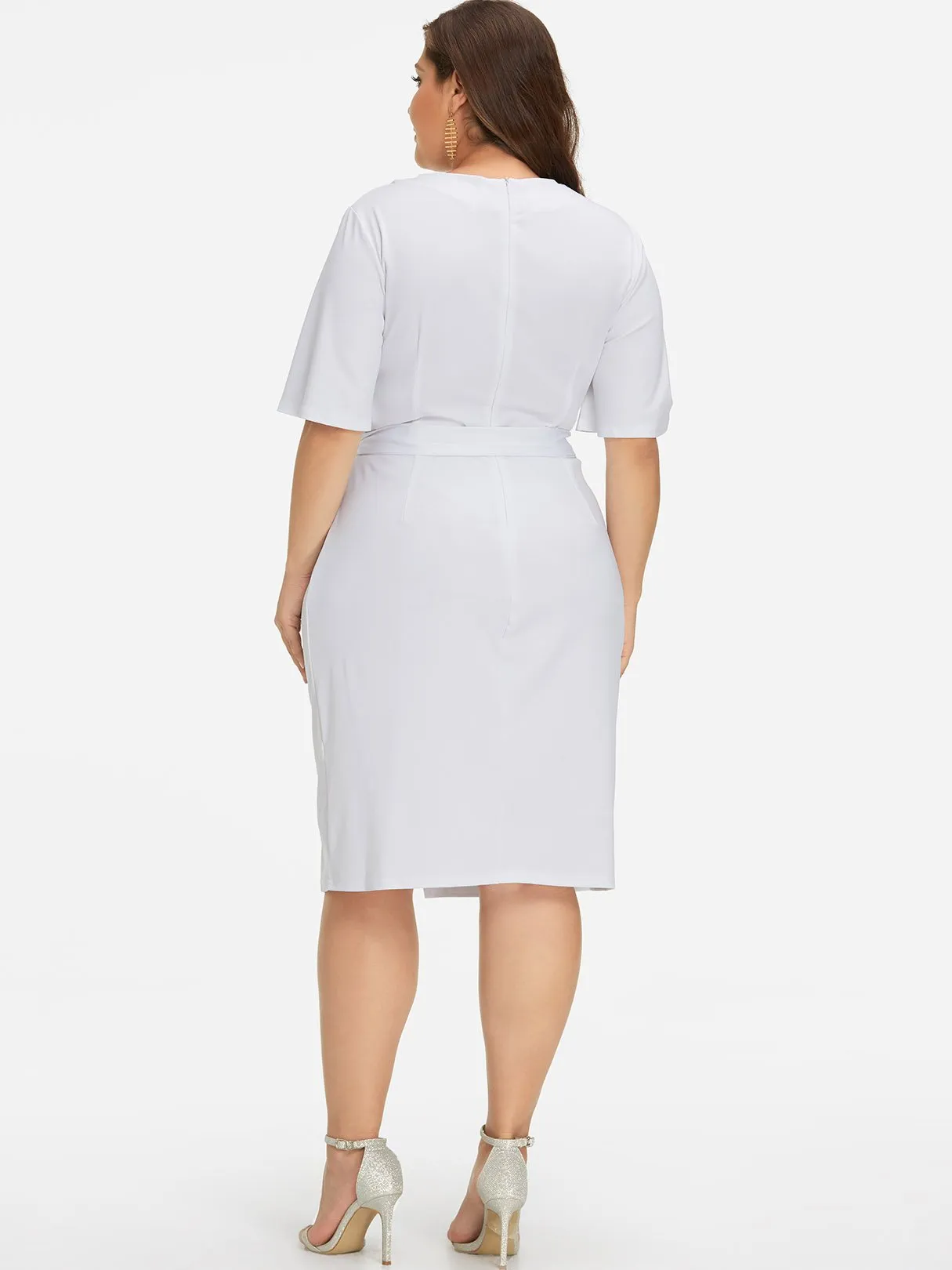 OEM ODM V-Neck Plain Self-Tie Half Sleeve Slit Hem White Plus Size Dress