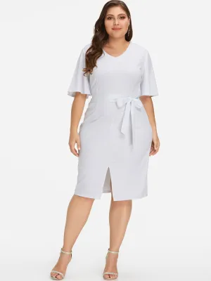OEM ODM V-Neck Plain Self-Tie Half Sleeve Slit Hem White Plus Size Dress