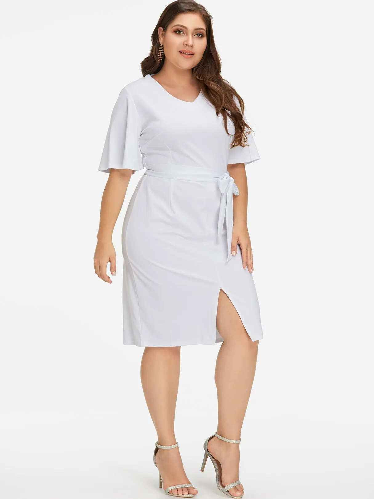 OEM ODM V-Neck Plain Self-Tie Half Sleeve Slit Hem White Plus Size Dress