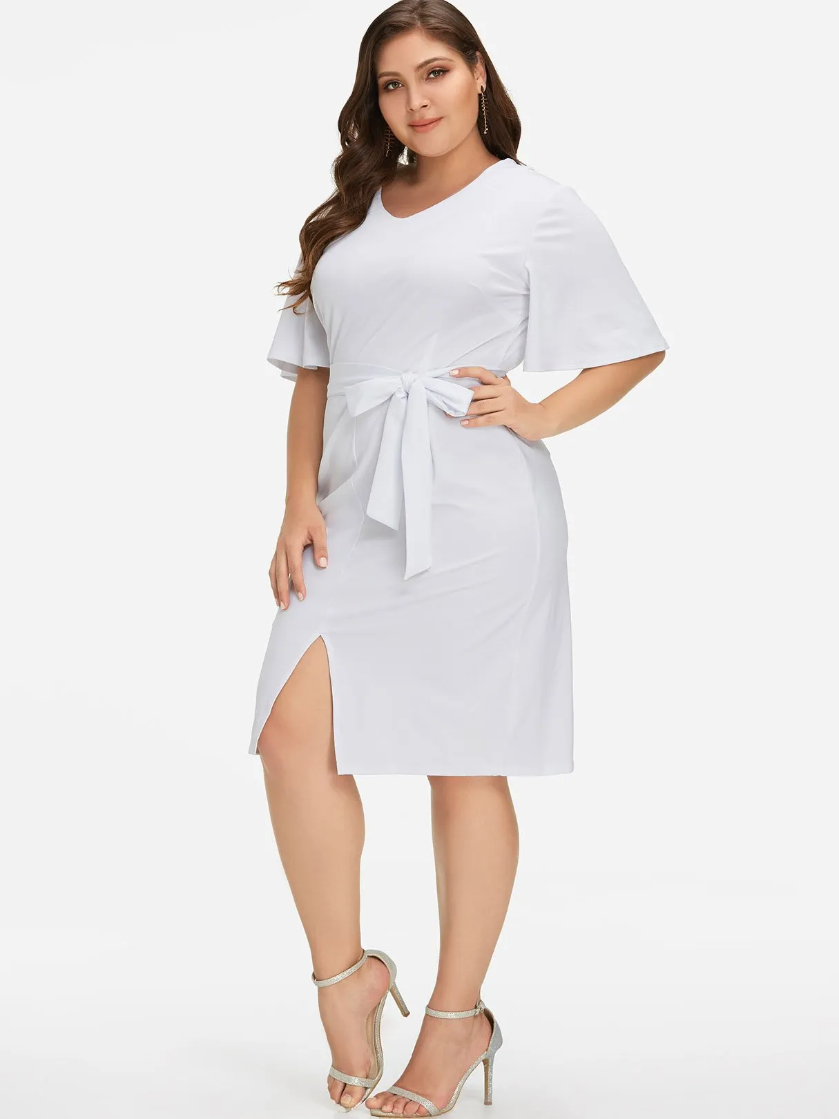 OEM ODM V-Neck Plain Self-Tie Half Sleeve Slit Hem White Plus Size Dress