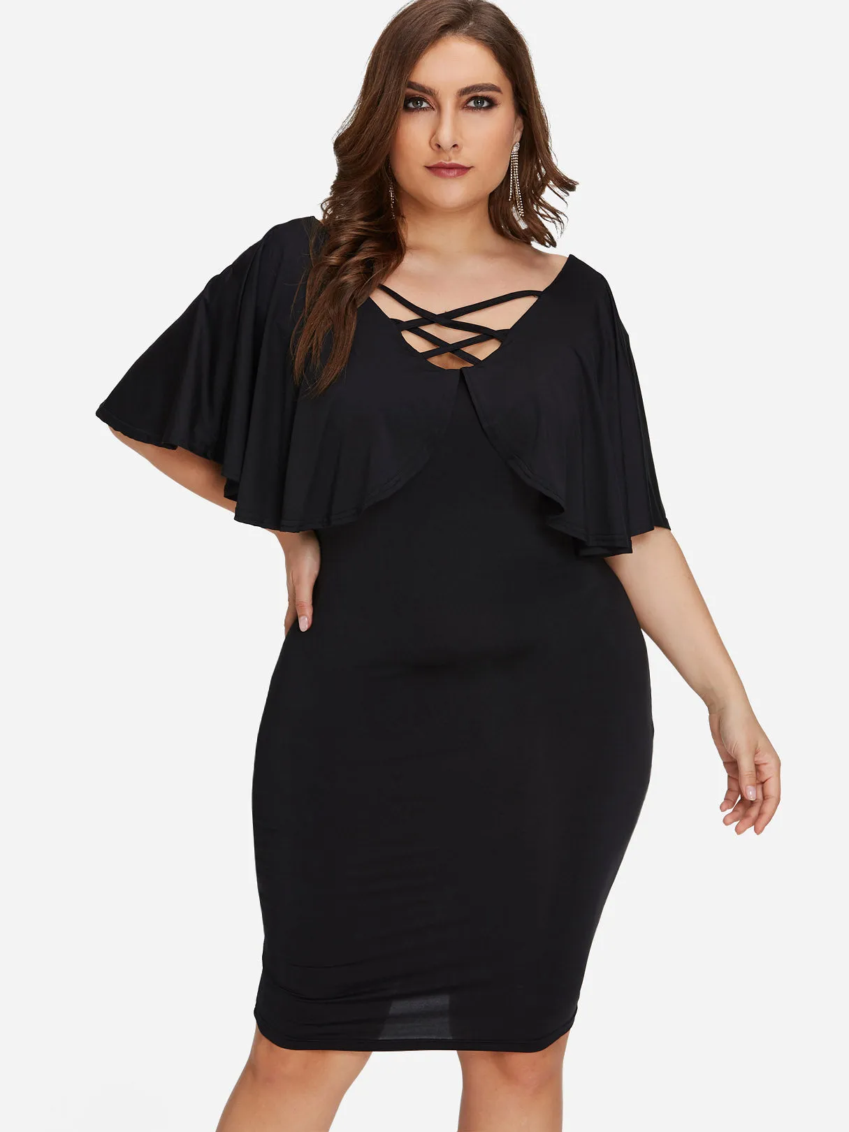 OEM ODM V-Neck Plain Tiered Criss-Cross Half Sleeve Black Plus Size Dresses