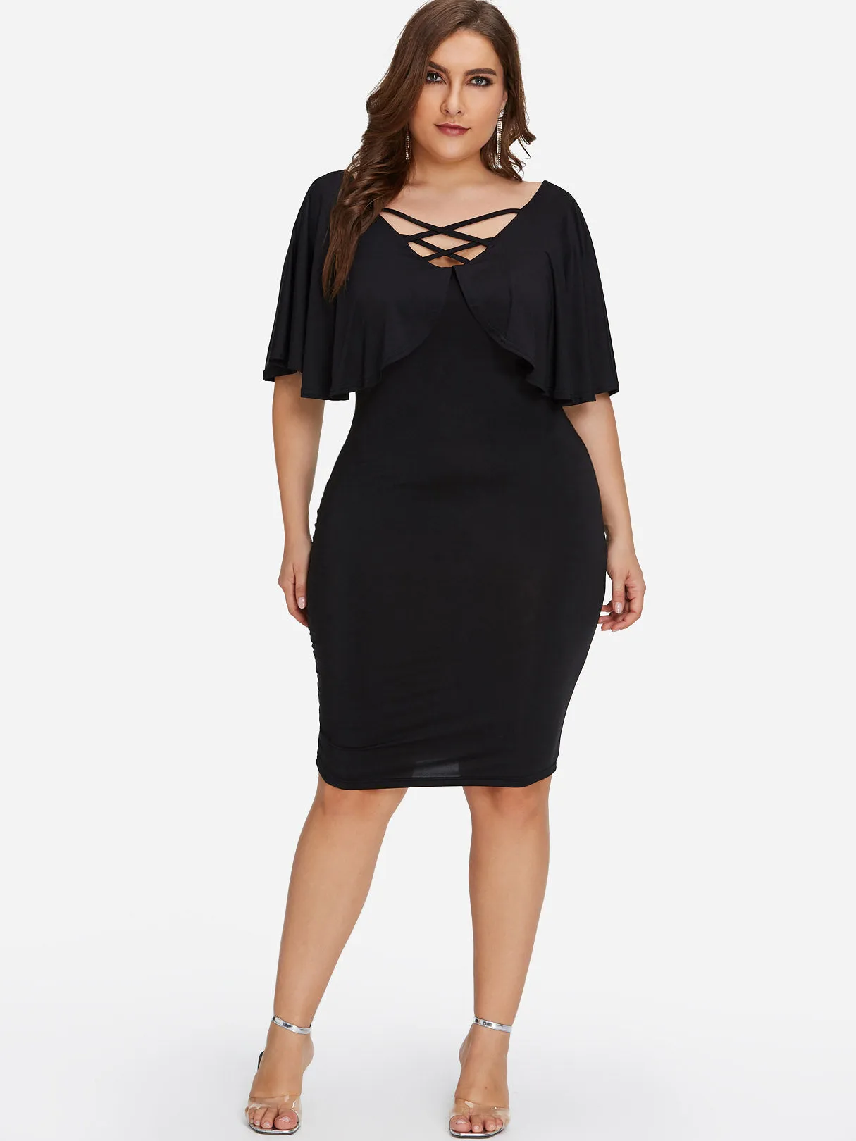 OEM ODM V-Neck Plain Tiered Criss-Cross Half Sleeve Black Plus Size Dresses
