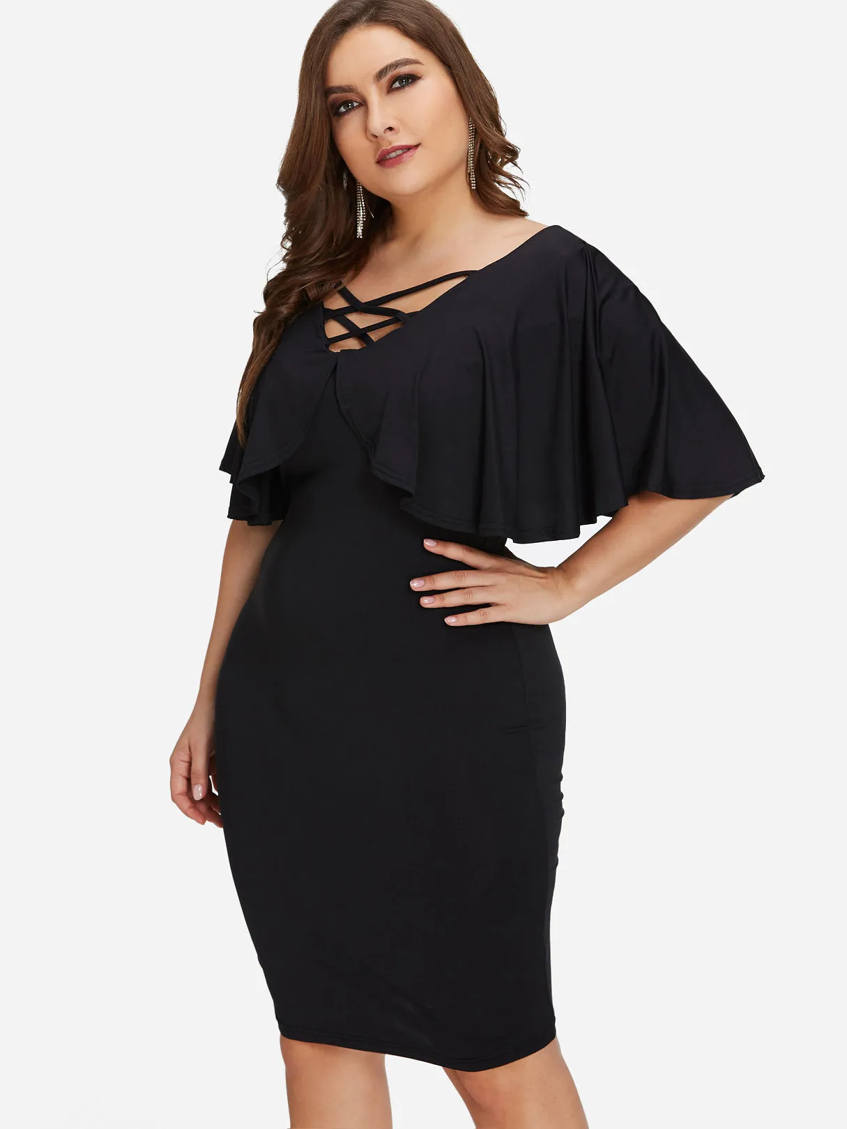 OEM ODM V-Neck Plain Tiered Criss-Cross Half Sleeve Black Plus Size Dresses