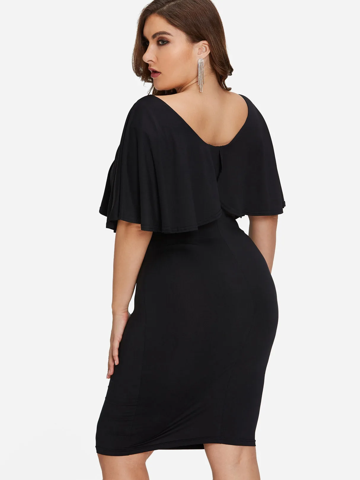 OEM ODM V-Neck Plain Tiered Criss-Cross Half Sleeve Black Plus Size Dresses