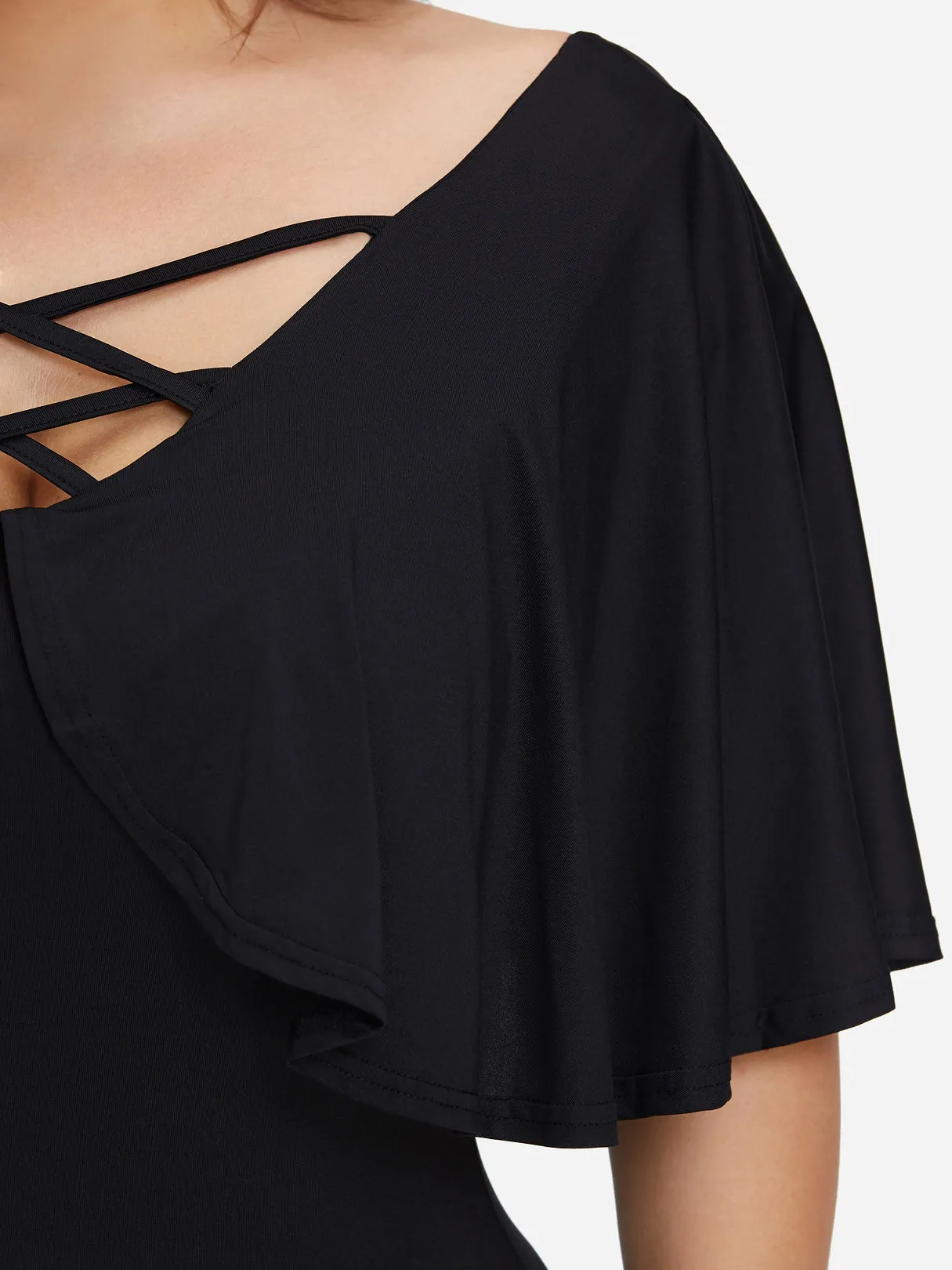 OEM ODM V-Neck Plain Tiered Criss-Cross Half Sleeve Black Plus Size Dresses