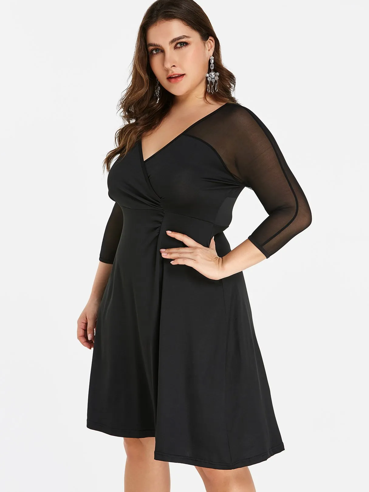 OEM ODM V-Neck Plain Wrap 3/4 Sleeve Black Plus Size Dress