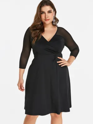 OEM ODM V-Neck Plain Wrap 3/4 Sleeve Black Plus Size Dress