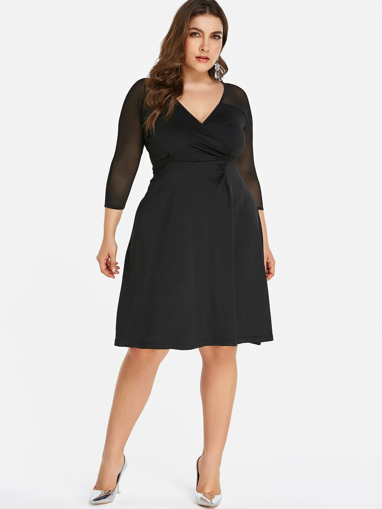 OEM ODM V-Neck Plain Wrap 3/4 Sleeve Black Plus Size Dress