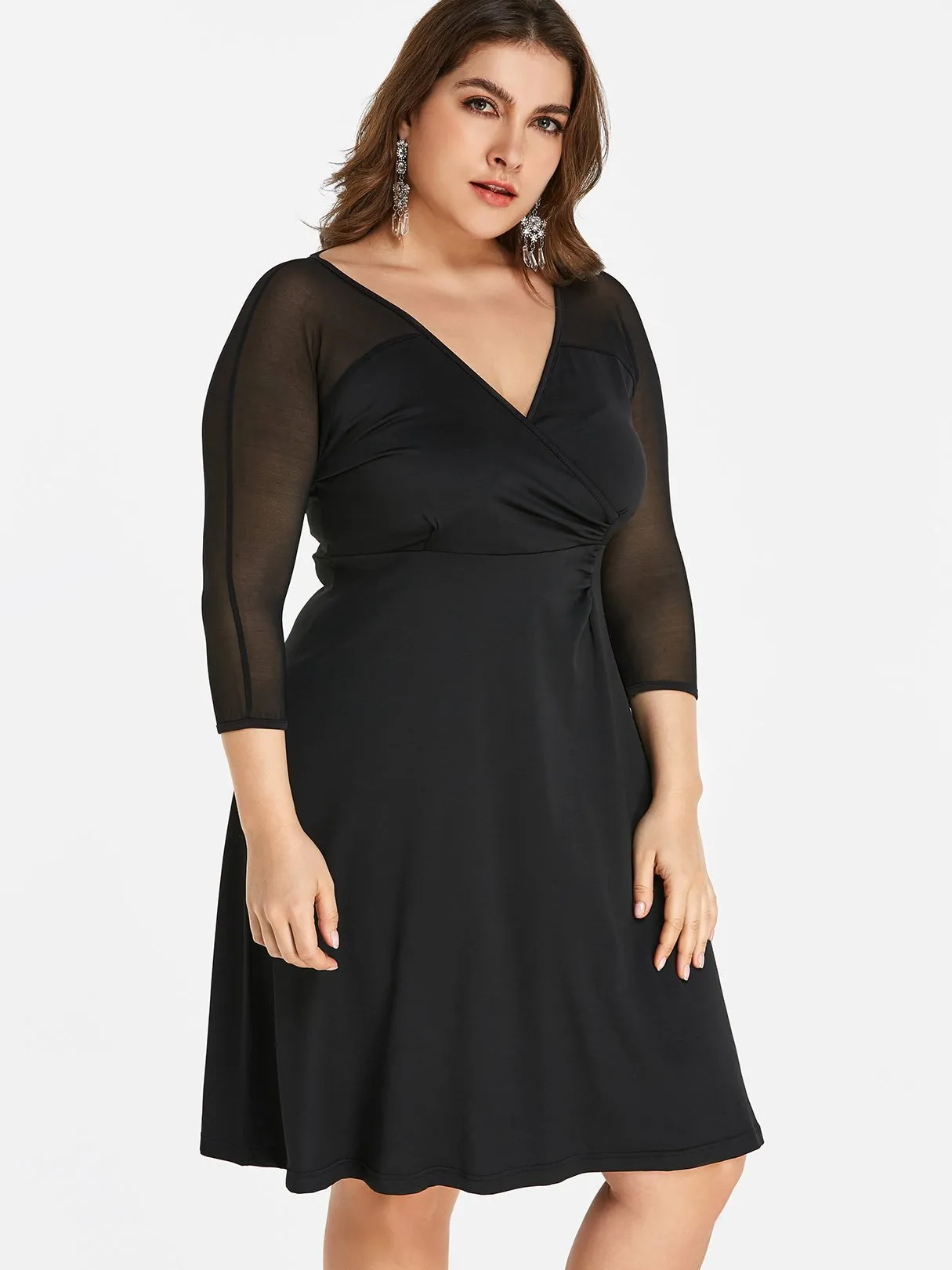 OEM ODM V-Neck Plain Wrap 3/4 Sleeve Black Plus Size Dress